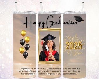 Happy Graduation 20 oz Skinny Tumbler Wrap PNG ~ Add Your Own Photo and Text ~ Black ~ Gold ~ Class of 2025 ~ Graduation Photo Tumbler Wrap