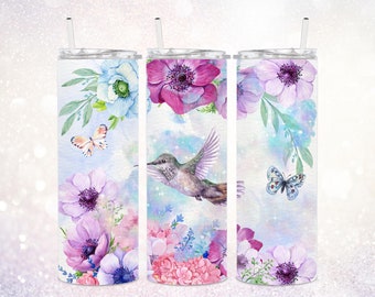 Hummingbird 20 oz Skinny Tumbler PNG ~ Cyfrowy projekt sublimacji ~ Projekt opakowania na kubek Hummingbird PNG ~ Sztuka kwiatów wiosennych ~ Sublimacja PNG