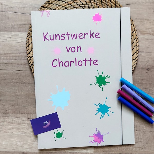 Sammelmappen/Kindergarten Kunstwerke/ Sammelmappen DIN A3/Personalisierbar Sammelmappe /Handgefertigt Unikat mit Vinyl Farbflecken