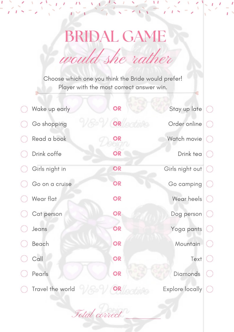 Would She Rather Bridal Shower Game Who Knows the Bride Best Newlyweds