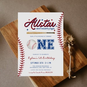 Baseball First Birthday Invitation, Rookie Of The Year Invite, Baseball Birthday Party, Birthday Invite Suite Editable Template Invite, BB