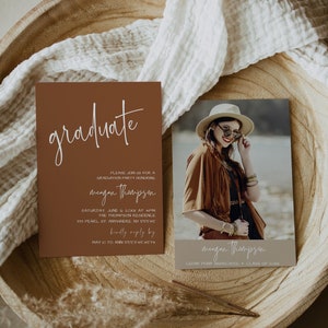 Editable Burnt Orange Graduation Party Invitation Template, DIY Printable Photo Graduate Invites, Rustic Minimalist Photo Grad Announcement