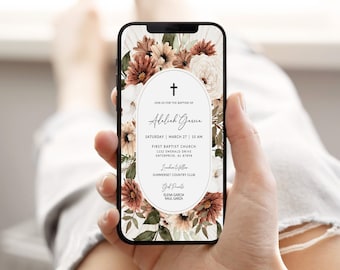 Plantilla de invitación digital para bautizo, invitación floral para bautizo, invitación electrónica para bautizo con flores silvestres, invitación rústica para bautizo por mensaje de texto, TF