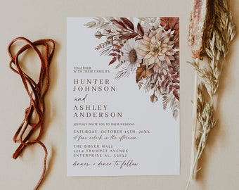 Fall Wedding Invitation Template, Rust Wedding Invitation, Rustic Floral Wedding Invitation, Boho Wedding Invite, Terracotta Wedding Invite