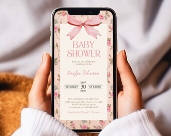 Faire-part de baby shower coquette shabby chic modifiable DIY Evite, personnalisable numérique vintage rose noeud rose floral fille douche texte inviter SC