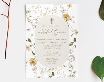Girls Baptism Invitation, Wildflower Baptism Invitation Template, Baptism Invite, Editable Invitation, Botanical Baby Girl Christening, WF1