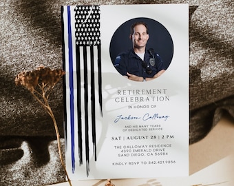 Police Retirement Invitation Template DIY Editable Printable Police Invite, Thin Blue Line Flag Retire Party Invitation Instant Download US
