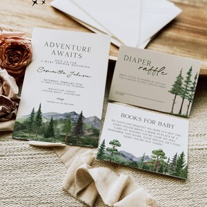 Adventure Awaits Baby Shower Invitation Bundle, Forest Baby Shower Invite, Woodland Baby Shower, Mountain Baby Shower Invitation Suite, WW