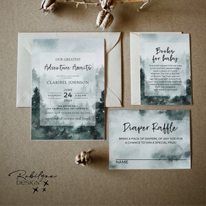 Berg babyshower uitnodigingsbundel, avontuur wacht op babyshower uitnodigingsbundel, rustieke babyshower, bosrijke babyshower uitnodiging, WW