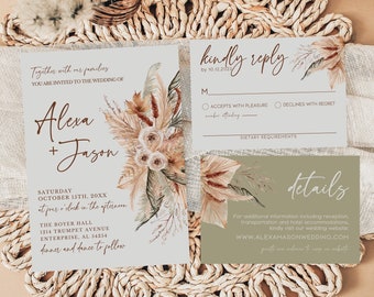 Ensemble de modèles d'invitation de mariage Boho, faire-part de mariage rustique, invitation d'herbe de pampa, ensemble d'invitation de mariage de rouille, invitation de mariage floral