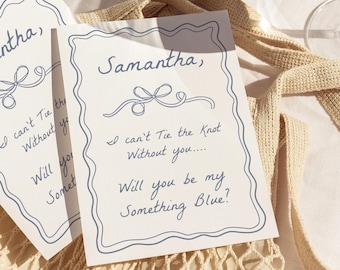 Bridesmaid Proposal Card Template, Will You Be My Something Blue, Something Blue Crew Hand Drawn Doodle Whimsical Illustrated Wavy Border SB