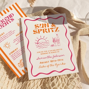 Modèle d'itinéraire d'invitation de week-end entre célibataires soleil et spritz, invitation dessinée à la main modifiable Aperol bricolage, invitations manuscrites à la fête de la plage