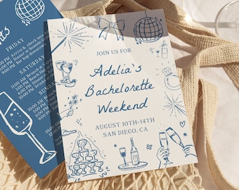 Champagne Tower Bachelorette Weekend Invitation Itinerary Template, DIY Editable Doodle Art Invite, Coastal Grandma, Beach Bachelorette