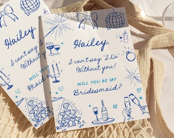 Bridesmaid Proposal Card, Hand Drawn Champagne Tower Bridesmaid Proposal Card, Will You Be My Bridesmaid Bow Bridesmaid Proposal Template PR