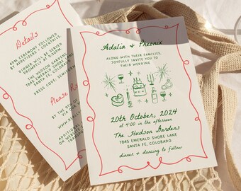 Hand Drawn Wedding Invitation Template, Whimsical Double Sided Invites, Funky Colorful Scribble Illustrations & Handwritten, fun trendy