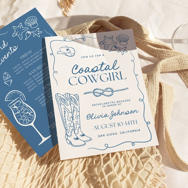 Coastal Cowgirl Bachelorette Invitation and Itinerary Template, DIY Editable Doodle Art Invite, Coastal Grandma Beach Bachelorette Hen do CC