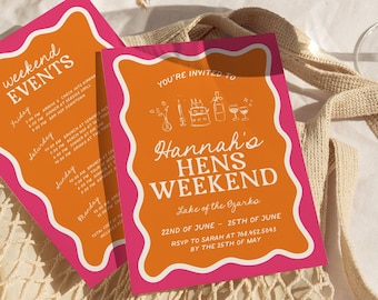 Einladungsvorlage für einen Junggesellinnenabschied in Orange und Rosa mit Wellenrand, bearbeitbar, verspielt, Retro, handgezeichnet, Doodle-Stil, Brautparty H9