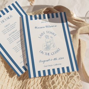 Last Toast on the Coast Bachelorette Party Invitation and Itinerary Template, DIY Hand Drawn Editable Coastal Beach Bachelorette Invite