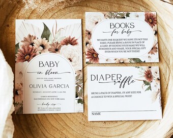 Wildflower Baby In Bloom Invitation Template, DIY Printable Floral Baby Shower Invite Suite Bundle, Editable Fall Rustic Baby Shower, TF