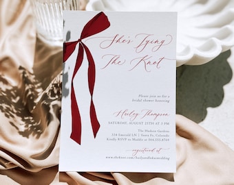 She's Tying the Knot Bridal Shower Invitation Template, Red Bow Bridal Shower Invite, Maroon Ribbon Wedding Shower, Editable Template, RB