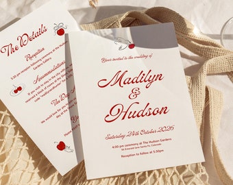 Hand Drawn Wedding Invitation Template, Whimsical Doodle Wedding Invites, Handwritten Wedding Invite, Cherry Scribble Illustrations, Q1