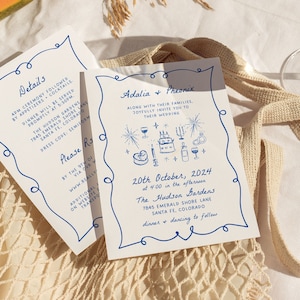Hand Drawn Wedding Invitation Template, Whimsical Double Sided Invites, Funky Colorful Scribble Illustrations & Handwritten, Fun Unique