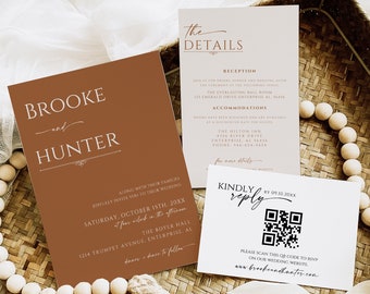 Terracotta Wedding Invitation Set, Minimalist Desert Wedding Invitation Suite, Wedding Invitation With QR Code, Rustic Wedding Invite