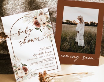 Boho Baby Shower Invite, Minimalist Baby Shower Invitation Template, Wildflower Baby Shower, Rustic Baby Shower Invites, Fall Terracotta, T7