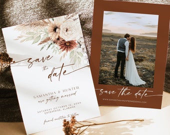 Double Sided Photo Save the Date Card Modern Minimalist Wedding Rustic Boho Arch Template Bohemian Fall Terracotta Wedding Announcement