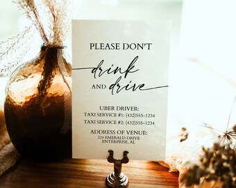 Please Don't Drink and Drive Event Sign, DIY Printable Uber Wedding Sign, Editable Customizable Wedding Bar Sign, Instant Download M1