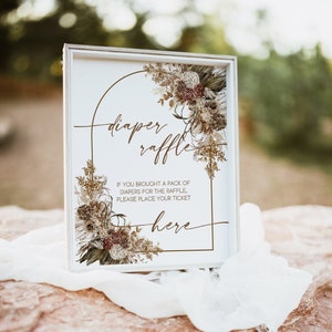 Windel Verlosung Baby Shower Zeichen | Boho-Babyparty-Zeichen | Pampasgras Babyparty | Mädchen-Babyparty-Windel-Verlosungsspiel-Zeichen | Lee