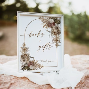 Bücher und Geschenke-Zeichen | Minimalistische Babyparty Zeichen Vorlage | Baby Shower Geschenke Zeichen | Pampasgras | Babyparty Zeichen | Boho Bogen | Lee