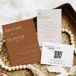 Peut inclure: Une suite d'invitations de mariage de couleur marron et blanche avec un thème rustique. La carte d'invitation présente les noms "Brooke et Hunter" dans une police moderne. La carte RSVP comprend un code QR et le texte "Répondre gentiment avant le 09.10.20XX".