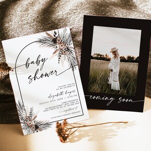 Modello di invito Boho Baby Shower, inviti modificabili fai da te in erba di pampa, invito fotografico minimalista Boho, invito rustico autunnale stampabile BF