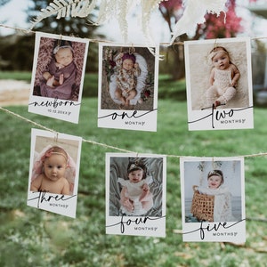 Bannière photo moderne du premier anniversaire, cartes d’étape mensuelles de la 1ère année modifiables du bébé, guirlande photo imprimable, décor d’image du premier anniversaire