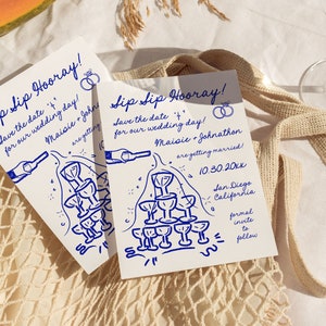 Save The Date Template, Hand Drawn Parisian Champagne Tower Invitation, Quirky Handwritten Whimsical Vintage Doodle Wedding Announcement PR