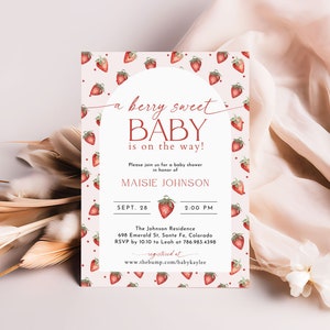 Strawberry Baby Shower Invitation, Berry Sweet Baby Shower Invite Set, Berry Sweet Baby Is On The Way Invitation, Editable Template, SB