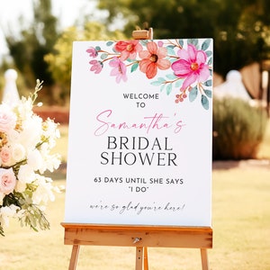 Pink Orange Cherry Blossom Flower Bridal Shower Welcome Sign Template, DIY Editable Bright Colorful Garden Floral Poster, PO