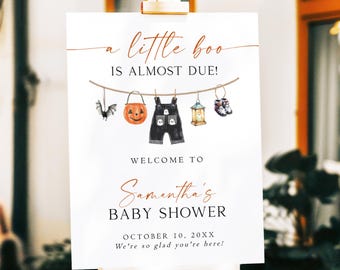 Printed + Shipped Halloween Baby Shower Welcome Sign, A Little Boo Is Almost Due Baby Shower Welcome Poster, Ghost Baby Shower Sign, BO
