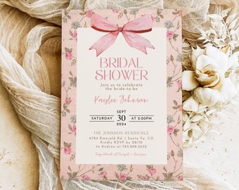 DIY Editable Coquette Shabby Chic Bridal Shower Invitation Template Set, Customizable Printable Vintage Pink Bow Rose Floral Invites SC