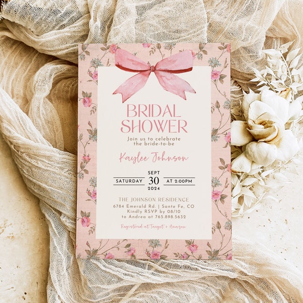 DIY Editable Coquette Shabby Chic Bridal Shower Invitation Template Set, Customizable Printable Vintage Pink Bow Rose Floral Invites SC