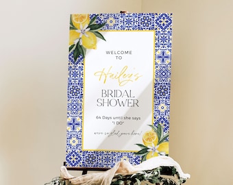 Blue Tiles Lemon Bridal Shower Welcome Sign, Mediterranean Bridal Shower, Italian Bridal, Positano Printable Template DB