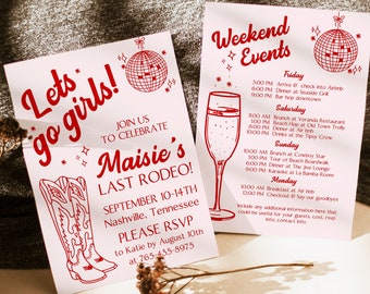 Handwritten Let's Go Girls Bachelorette Party Invitation Template, DIY Editable Bach Itinerary Invite Last Rodeo Party Nash Bash H9