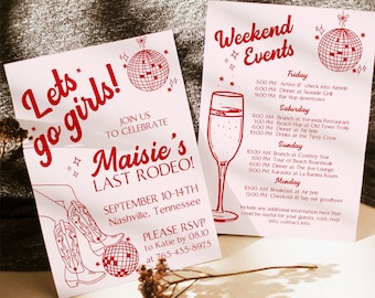 Handwritten Let's Go Girls Bachelorette Party Invitation Template, DIY Editable Bach Itinerary Invite Last Rodeo Party Nash Bash Hens Invite