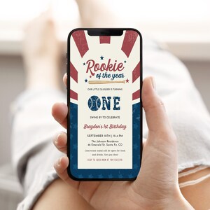 Baseball First Birthday Text Invite, Digital Rookie of the Year Invitation Template, DIY Self Editable Boy 1st Birthday Party Invites, R1