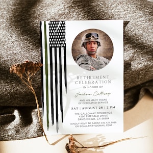 May include: A retirement celebration invitation with a black and white American flag with a green stripe, a photo of a man in military uniform, and the text "Retirement Celebration in honor of Jackson Calloway and his many years of dedicated service. Sat August 28 | 2 PM The Calloway Residence 4390 Emerald Drive Sand Diego, CA 56984 Kindly RSVP to Sarah 342.421.9856 or scallaway@gmail.com"