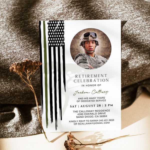 Military Retirement Party Invitation Template, Fully Editable Thin Green Line Flag Retire Printable Invite, Army Border Patrol Paramedic US