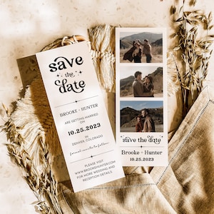 Modern Retro Save the Date Template, Minimal Printable Wedding Announcement With Picture DIY Editable Photo Booth Strip Card Invitation R1