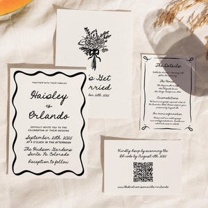 Modern Wedding Invitation Suite, Quirky Hand drawn Wavy Border Reception Invite, Illustrated Handwritten Vintage Whimsical Invites, PR