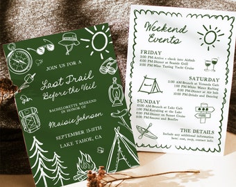 Camp Bachelorette Weekend Invitation Itinerary Template, Editable Mountain Girls Trip Invite, Last Trail Before The Veil Glamping Invites LT
